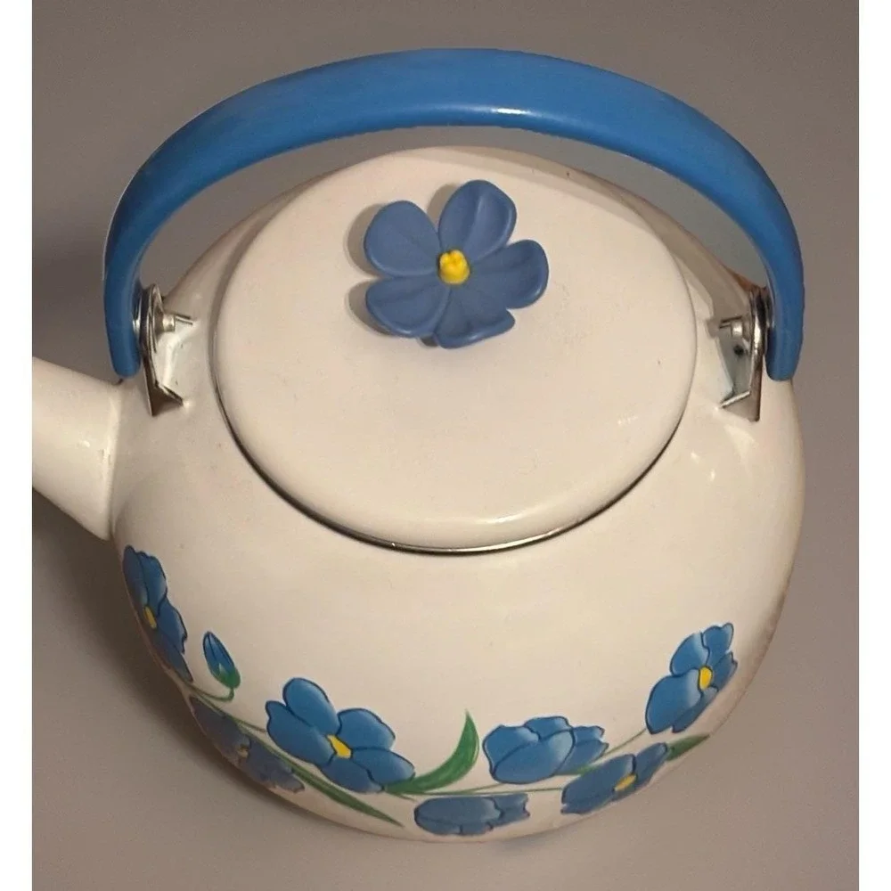 Vintage Blue Floral Enamel Tea Kettle White Stovetop Teapot Forget-Me-Not Design